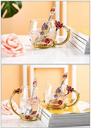 COAWG Taza de Té de Cristal Transparente, Taza de Té de Vidrio Rosa Roja Tazas de Cafe Tazas de Viaje con Manija Elaborada de la Flor y Hermosa 11oz-2Pcs