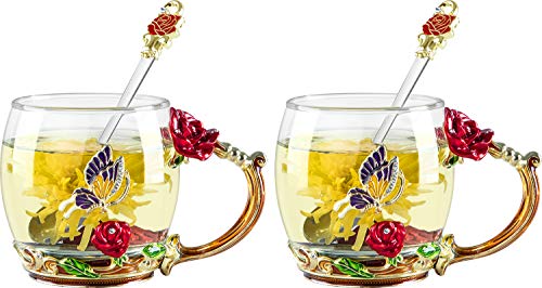COAWG Taza de Té de Cristal Transparente, Taza de Té de Vidrio Rosa Roja Tazas de Cafe Tazas de Viaje con Manija Elaborada de la Flor y Hermosa 11oz-2Pcs