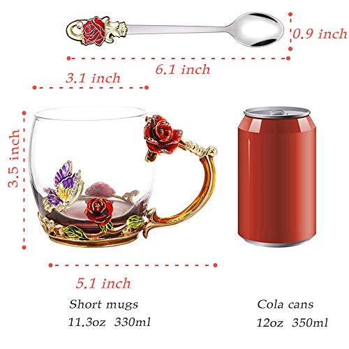 COAWG Taza de Té de Cristal Transparente, Taza de Té de Vidrio Rosa Roja Tazas de Cafe Tazas de Viaje con Manija Elaborada de la Flor y Hermosa 11oz-2Pcs