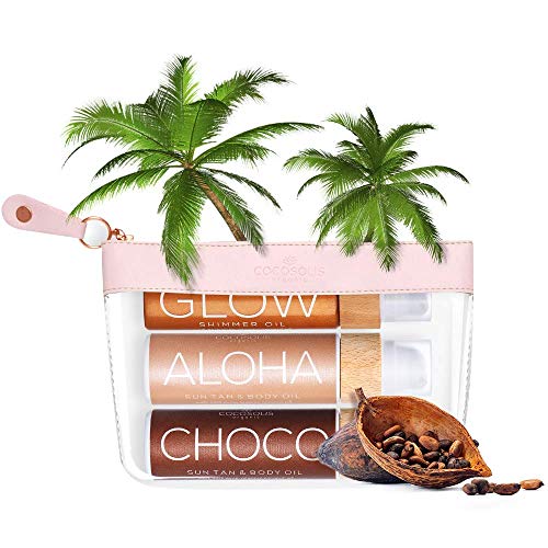 COCOSOLIS Kit de Bio Bronceadores - Choco, Aloha y Brillo – 2 x acelerador bronceado para tomar sol y cama solar, y 1 x bronceador brillante