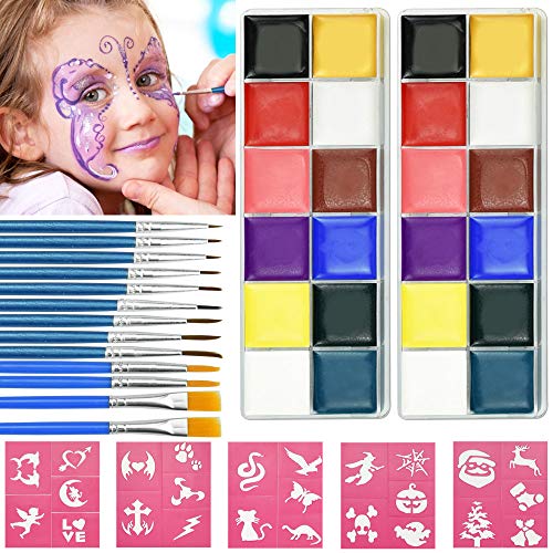 CODIRATO 2 PCS Pinturas de Cara para Niños No tóxico Pintura Facial con 13 Pinceles y 5 Pegatinas Pintadas Lavable Pintura Corporal para Halloween, Carnaval, Fiestas de Maquillaje (24 Colores)