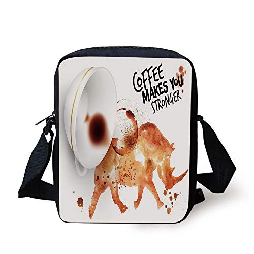 Coffee Art,Wild Rhino Animal from Spilled Hot Beverage Stain Latte Cappuccino Decorative,Burnt Sienna Black White Print Kids Crossbody Messenger Bag Purse