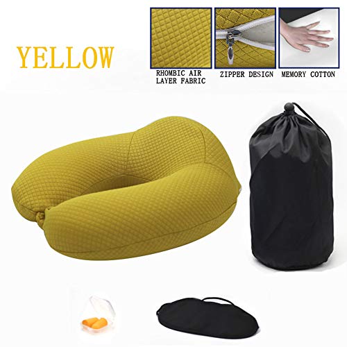 Cojín de cuello de viaje almohada en forma de U, con tapones para los oídos + máscara de ojos transpirable super suave y cómoda memoria algodón de la cintura Pad de oficina de la familia,Yellow