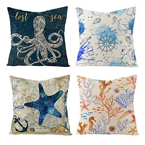Cojines Funda De Almohada De 4 Piezas Funda De Cojín Cuadrado De Impresión De Lino De Vida Marina Sin Relleno Funda De Cojín Funda De Cojín para Decoración De Sofá
