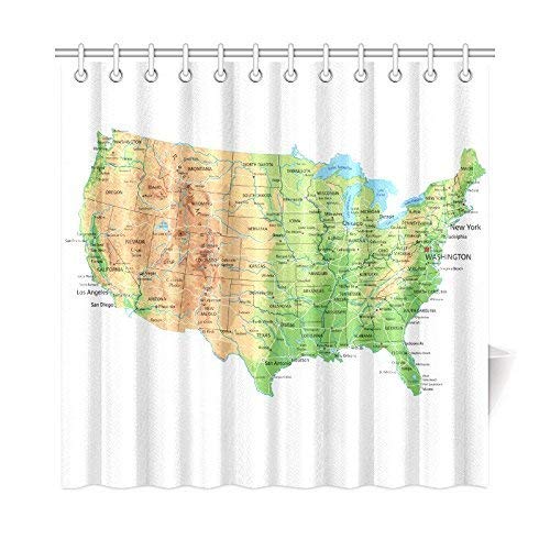 Colección American Map Home Decorations, Mapa de cortina de ducha de tela impresa de EE. UU. Con decoración de la casa de los Estados, capitales y ciudades principales, azul marrón verde