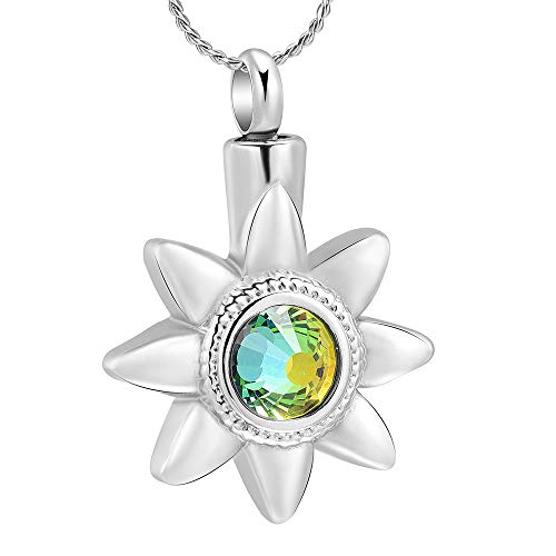 Colgante De Cenizas,Joyería De Cremación De Flores De Sol Plateado para Cenizas Colgante De Acero Inoxidable con Incrustaciones De Cristal Collar De Urna Conmemorativa De Recuerdo para Mujeres Y Ho
