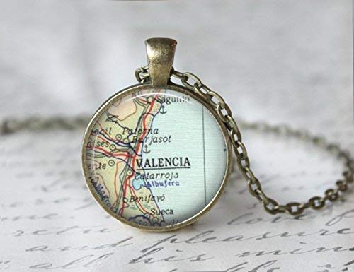 Collar con colgante de mapa de Valencia vintage, chapado en bronce, colgante de arte, colgante, collar, joyería de cristal hecha a mano para mujeres y hombres