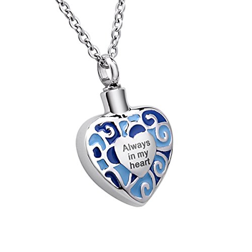 Collar con colgante grabado "Always in my heart" de urna conmemorativa de acero inoxidable desmontable, color azul