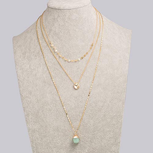 Collar de Mujer, Collar Simple de Varias Capas, Imitación de Resina de Piedra Natural Verde, Disco de Cobre Cadena Hecha a Mano para Mujer