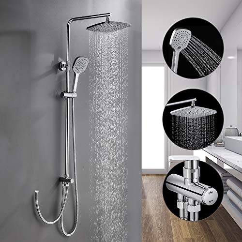Columna de Ducha sin Grifo, WOOHSE Conjunto de Ducha con 3 Tipos Ducha de Mano Set de Ducha Giratoria de 360° con Barra Ajustable 83-137cm Sistema de Ducha de Lluvia Agua Fría y Caliente para Baño