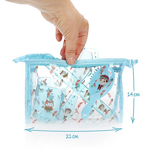com-four® Set de Viaje de 5 Piezas para niños: Bolsa de Transporte con Taza de Cepillo de Dientes, Estuche de Cepillo de Dientes, Peine y Cepillo para niños (Indio con Bolsa/Azul - 05 Piezas)