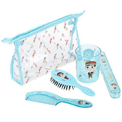 com-four® Set de Viaje de 5 Piezas para niños: Bolsa de Transporte con Taza de Cepillo de Dientes, Estuche de Cepillo de Dientes, Peine y Cepillo para niños (Indio con Bolsa/Azul - 05 Piezas)