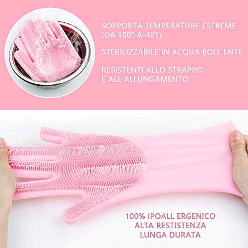 Comius Sharp Guantes de Silicona Mágicos, Guantes para Lavar Platos con Cepillo Limpieza de Lavado Resistente al Calor, Reutilizable Guantes de Goma para Lavar Platos, Cocina, Coche, Baño (Pink)