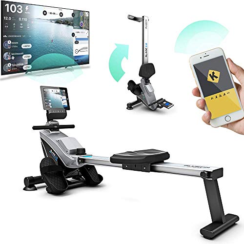 Como remar en un lago sin salir de casa. La Máquina de Remo Bluefin Fitness plegable te da 8 niveles de resistencia magnética regulable, transmisión suave, pantalla LCD, aplicación para Smartphone.