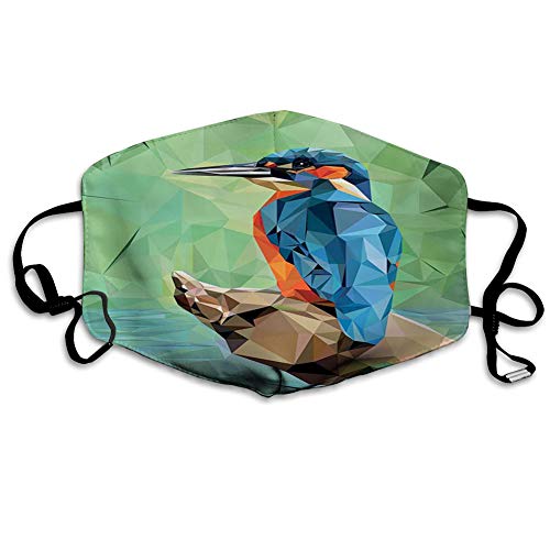 Cómoda cubierta para la cara, resistente al viento, diseño geométrico de pájaro Kingfisher sentado en una rama en el bosque, decoraciones faciales impresas para adultos