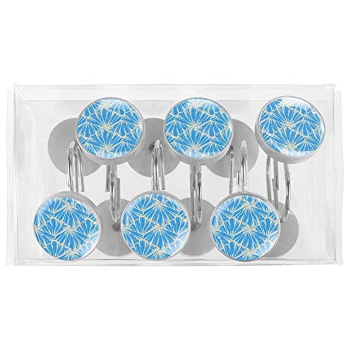 Conchas Náuticas Aqua Ocean Blue Ganchos de Cortina de Ducha Decorativos de Vidrio de 12 Piezas, Anillo de Acero Inoxidable a Prueba de Herrumbre Redondo para Cortinas de Barra de Ventana de baño