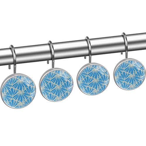 Conchas Náuticas Aqua Ocean Blue Ganchos de Cortina de Ducha Decorativos de Vidrio de 12 Piezas, Anillo de Acero Inoxidable a Prueba de Herrumbre Redondo para Cortinas de Barra de Ventana de baño