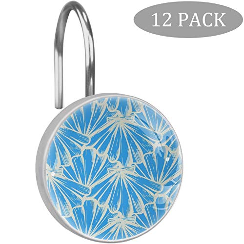 Conchas Náuticas Aqua Ocean Blue Ganchos de Cortina de Ducha Decorativos de Vidrio de 12 Piezas, Anillo de Acero Inoxidable a Prueba de Herrumbre Redondo para Cortinas de Barra de Ventana de baño