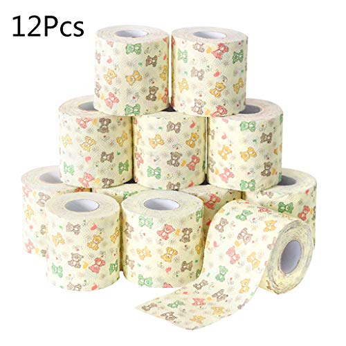 Congchuaty 12 rollos de papel higiénico con diseño de oso de dibujos animados para el hogar, baño, pulpa de madera, 3 capas de tejido