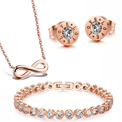 Conjunto de joyas «Infinity Love» para mujer de acero inoxidable en oro rosa de Kim Johanson, cadena con colgante, pendientes y pulsera recubiertas con circonitas, incluye bolsa para joyas