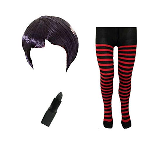 Conjunto de peluca, medias a rayas y pintalabios de Mavis