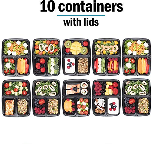 Contenedores De Comida Con 3 Compartimientos (Set de 10) - Plásticos, Reutilizables, Sin BPA, Cierre Hermético - Para Lavavajillas, Congelar, Microondas - Recipientes De Alimentos Bento Apilables