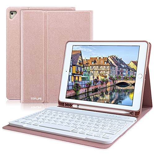 COO Funda Teclado iPad 9.7, Funda iPad 2018 con Ranura para Lápiz y Teclado Español (Incluye Letra Ñ) Bluetooth para iPad 2018/iPad 2017/iPad Pro 9.7/iPad Air 2/1 - Cubierta Magnética Delgada (Rosa)