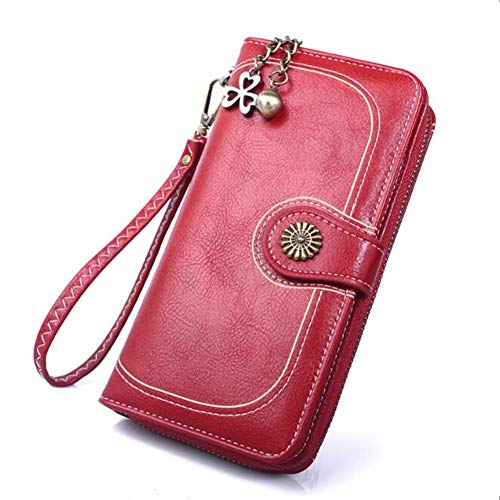 Coopay Cartera mujer gran capacidad cuero PU, bolso de embrague largo piel sintética 11 Porta tarjetas + 2 ranuras para tickets + Monedero con cremallera para el teléfono celular universal,Rojo