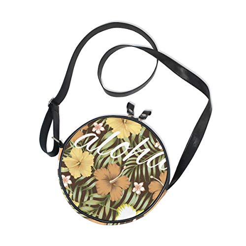 COOSUN Slogan Aloha Tropical Hojas Hibiscus Marrón Bandolera Redonda Bandolera Bandolera Bandolera Bolso Bolso Bolso Bolso Bolso Satchel Bolso de Hombro para Niños Mujeres