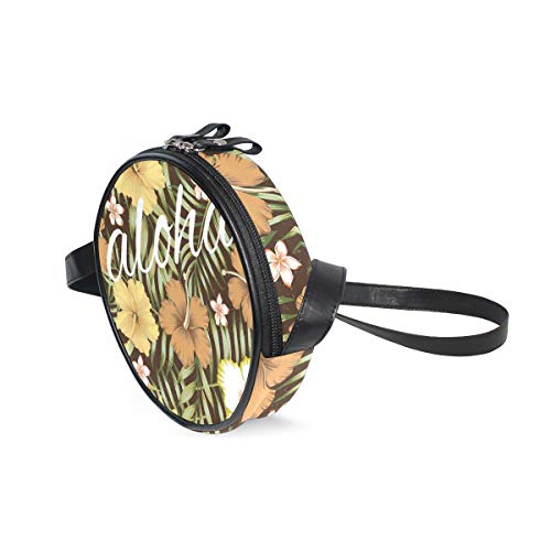 COOSUN Slogan Aloha Tropical Hojas Hibiscus Marrón Bandolera Redonda Bandolera Bandolera Bandolera Bolso Bolso Bolso Bolso Bolso Satchel Bolso de Hombro para Niños Mujeres