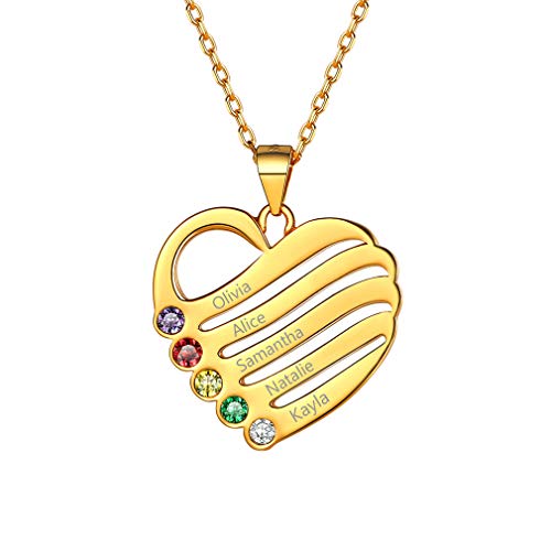 Corazón Oro Plata de Ley 925 Colgante Elegante Collar Personalizado con Cinco Piedras de Nacimiento y Cinco Nombres Grabados