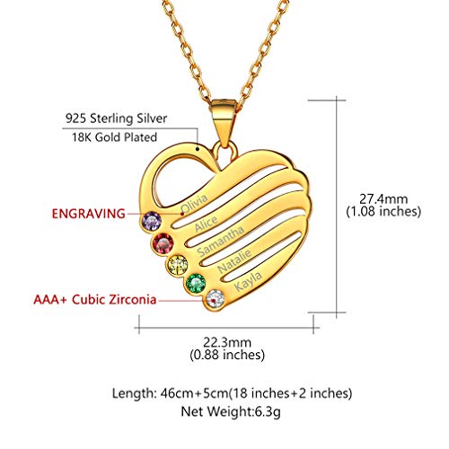 Corazón Oro Plata de Ley 925 Colgante Elegante Collar Personalizado con Cinco Piedras de Nacimiento y Cinco Nombres Grabados
