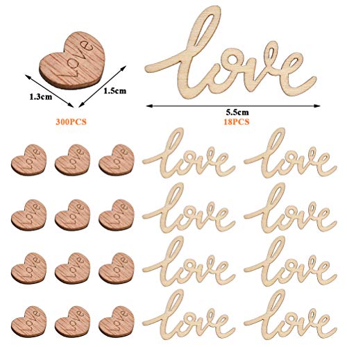 Corazones Manualidades Madera Natural 300PCS, Love Letras Madera 18PCS, Rebanadas Madera Corazón Adornos 12*10mm, Decoración Pared de Madera Love 55*32mm, Adornos para Bodas Navidad Scrapbooking DIY