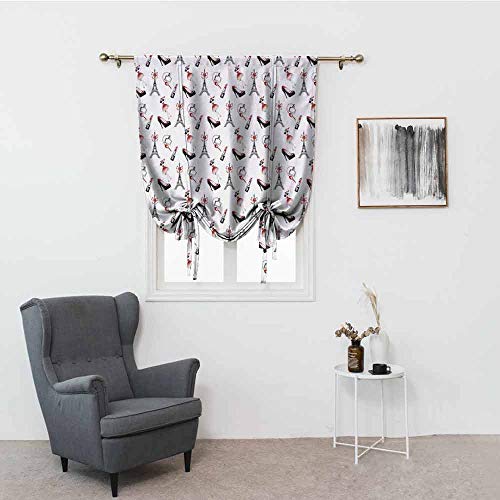 Cortina romana estampada Eiffel dibujada a mano con patrón de elementos de moda, zapatos de pintalabios para mujer, protección de la privacidad, 48 x 72 pulgadas, rubí, negro y blanco