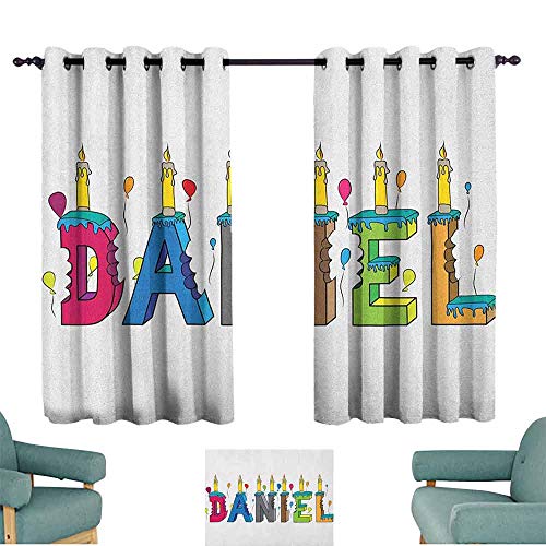 Cortinas de cocina Daniel Grooving Alegre nombre masculino con ocasión feliz cumpleaños tema Bite marcado pastel adecuado para dormitorio sala de estar estudio, etc. W63 x 163 l, multicolor