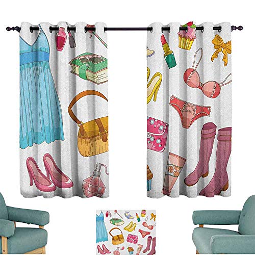 Cortinas de cocina tacones y vestidos de moda para niñas, artículos de dibujos animados, botas de cosméticos, magdalenas, pintalabios duraderos, 63 x 160 cm, multicolor