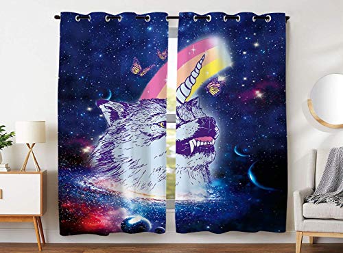 Cortinas Opacas 52x84 Pulgadas Ojal Superior (2 Paneles) Cortinas oscurecedoras para Ventanas Mariposa Unicornio Lobo Espacio Exterior Planeta