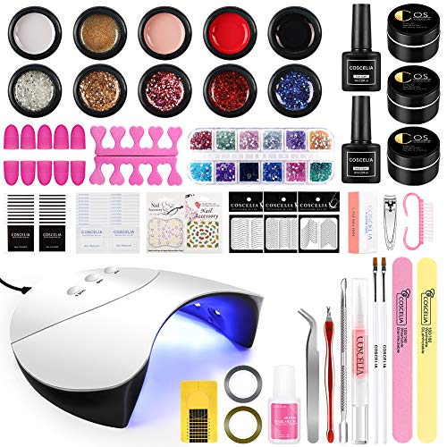 Coscelia Kit Uñas de Gel Completo Gel de Fototerapia de Uñas 36W Lampara LED/UV Pegamento Puro Glitter Herramientas de Manicura