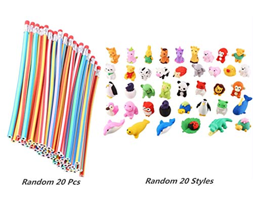 Cosoro - 20 lápices flexibles y suaves + 20 gomas de borrar de animales, gomas de borrar para la escuela, equipo divertido de bricolaje para juguetes y bolsas de fiesta para niños