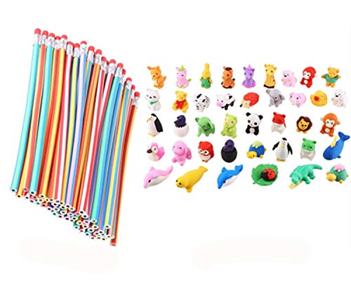 Cosoro - 20 lápices flexibles y suaves + 20 gomas de borrar de animales, gomas de borrar para la escuela, equipo divertido de bricolaje para juguetes y bolsas de fiesta para niños