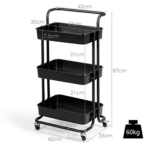 COSTWAY Carro Multiuso de Servicio con Ruedas Carrito Auxiliar para Cocina Baño Peluquería Carga hasta 60kg (Negro)
