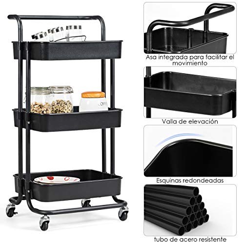 COSTWAY Carro Multiuso de Servicio con Ruedas Carrito Auxiliar para Cocina Baño Peluquería Carga hasta 60kg (Negro)