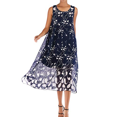 COZOCO Las Mujeres del Verano de Las Mujeres Ocasionales de la Playa del Viento Agitan el Vestido Midi sin Mangas de Gasa Estampado Simio（Azul，XL）