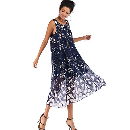 COZOCO Las Mujeres del Verano de Las Mujeres Ocasionales de la Playa del Viento Agitan el Vestido Midi sin Mangas de Gasa Estampado Simio（Azul，XL）