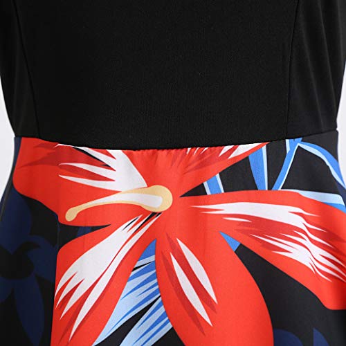 COZOCO Vestido de Las Señoras Vestido de Cintura sin Mangas con Cuello Redondo y Estampado de Flores Retro Francés de Las Mujeres(Rojo，M