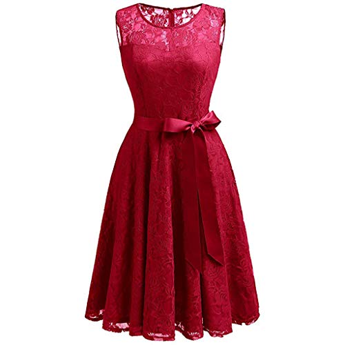 COZOCO Vestido de Las Señoras Vestido de Encaje Regular de Las Señoras Color Sólido Vestido Retro(Rojo，L