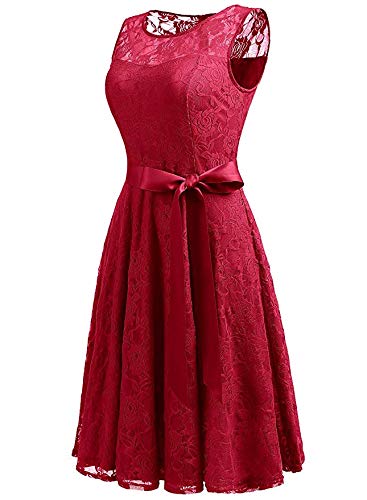 COZOCO Vestido de Las Señoras Vestido de Encaje Regular de Las Señoras Color Sólido Vestido Retro(Rojo，L