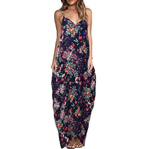 COZOCO Vestido de Verano de Playa Elegante Beachwear Largo Dress con Cinturón Sexy V-Cuello Manga Corta Hendidura Vestido de Partido Mujer Impresión Maxi Vestidos (EU-44/CN-3XL, Navy)