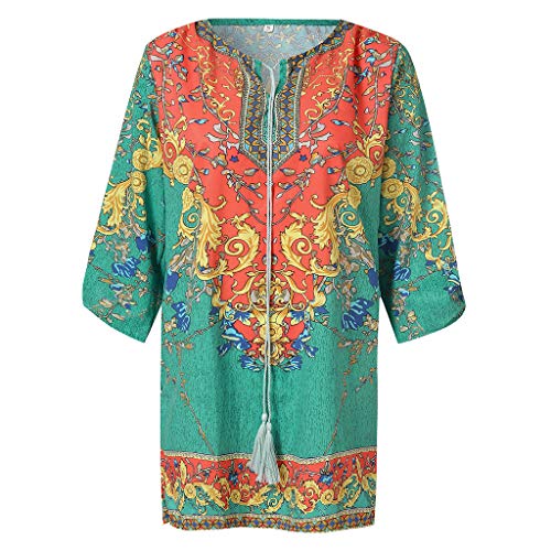COZOCO Vestido de Verano para Mujer con Estampado Retro Boho Cuello Redondo sin Mangas Camisa de Verano Camiseta para Mujer Ropa de Mujer（Verde，XL）