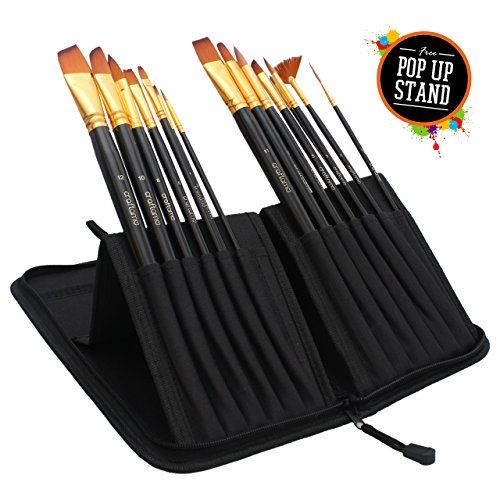 Craftamo Juego de Pinceles de Pintura Artística, Acuarela, Acrílico, óleo y Maquillaje – Colección de 15 Pinceles con Estuche/Plataforma Desplegable
